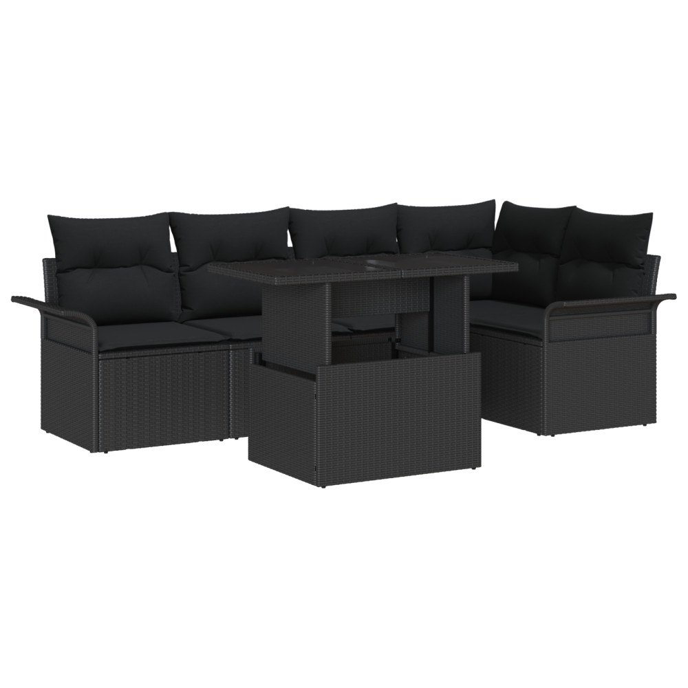 vidaXL Trädgårdsoffset med kudde med lagring 6 pcs Svart Poly rattan