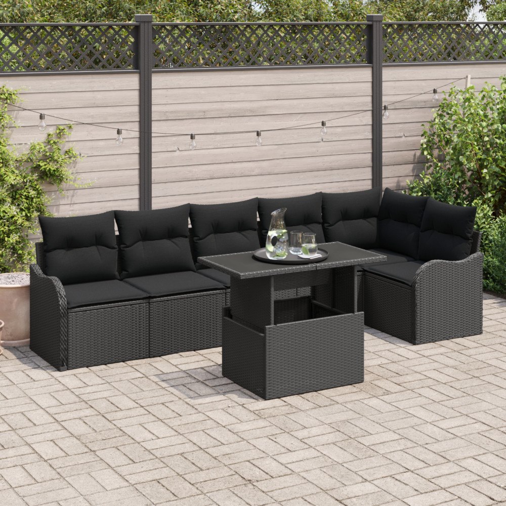 vidaXL 7-delat trädgårdsoffaset med kuddar svart poly rattan