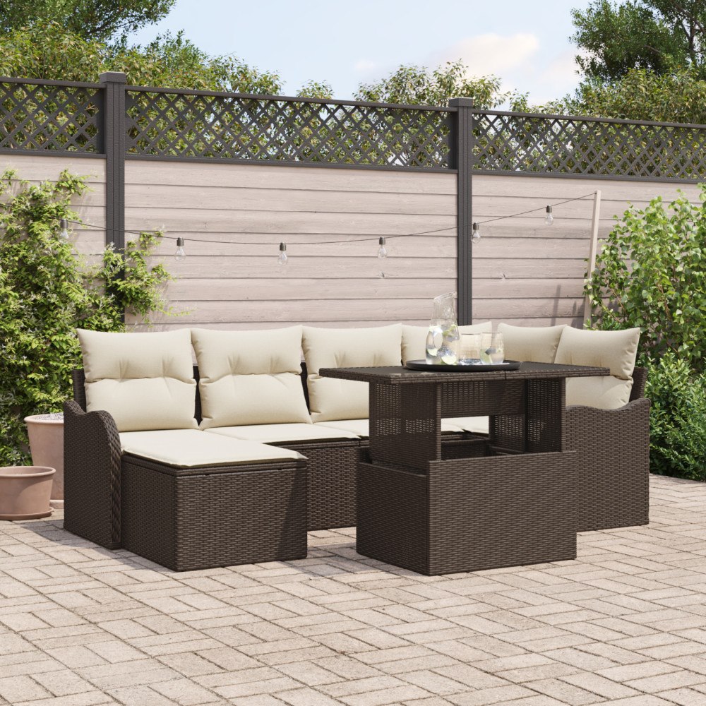 vidaXL Trädgårdsoffset med kudde med lagring 7 pcs Brun Poly rattan