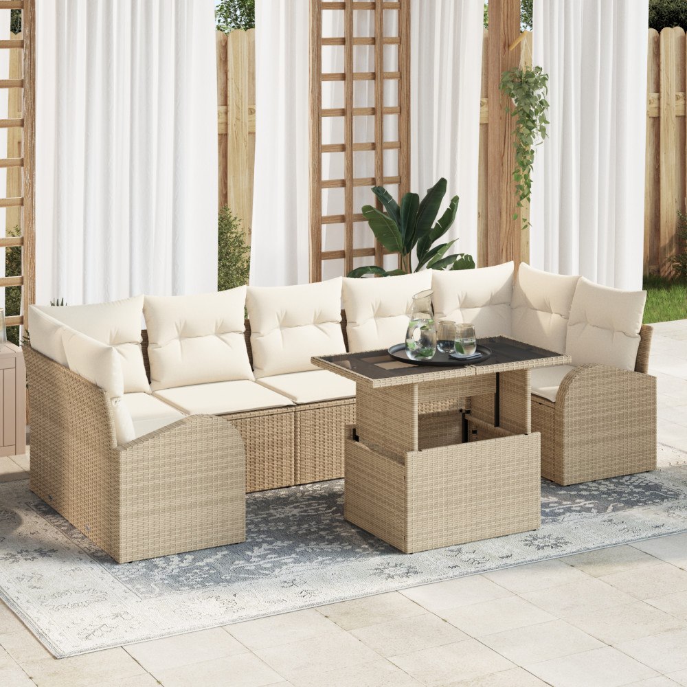 vidaXL 8-delars trädgårdsoffset med kuddar beige poly-rotting