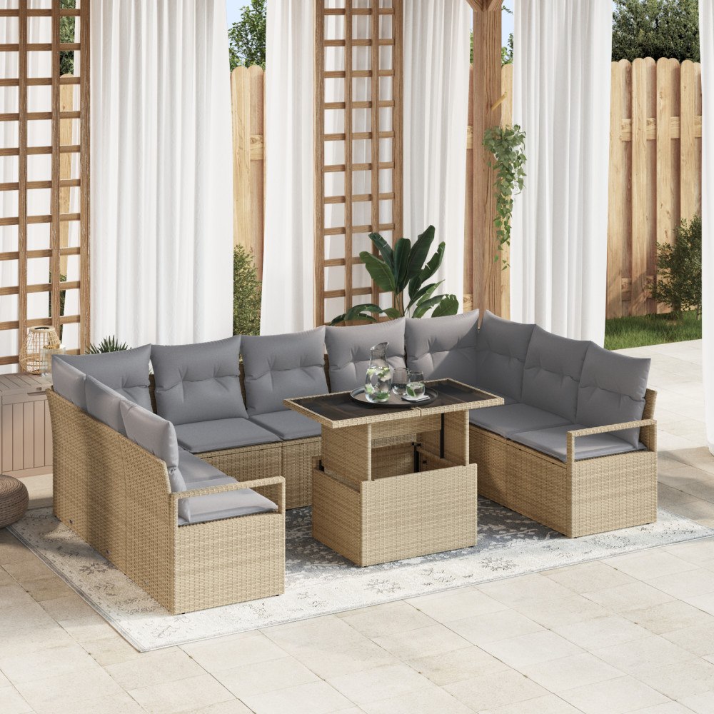 vidaXL Trädgårdsoffset med lagring 10 pcs Beige Poly rattan