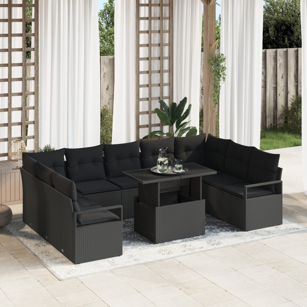 vidaXL Trädgårdsoffset med lagring 10 pcs Svart Poly rattan