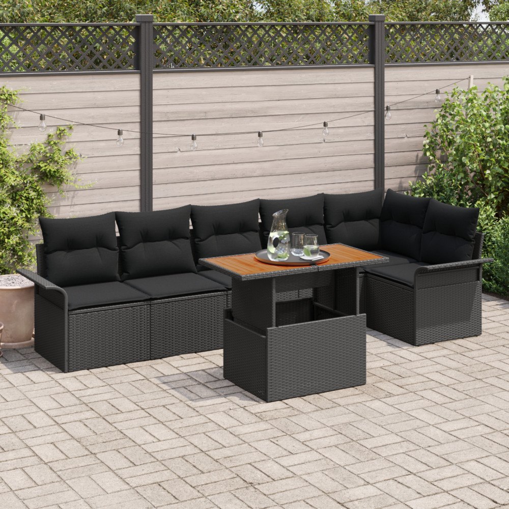 vidaXL Trädgårdsoffset med lagring 7 pcs Svart Poly rattan