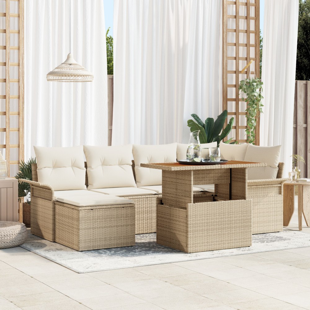 vidaXL 7-delat trädgårdsoffmöbelset med kuddar Beige Poly Rattan, vidaXL 2-sits trädgårdsoffa med förvaring och kuddar Beige Po...