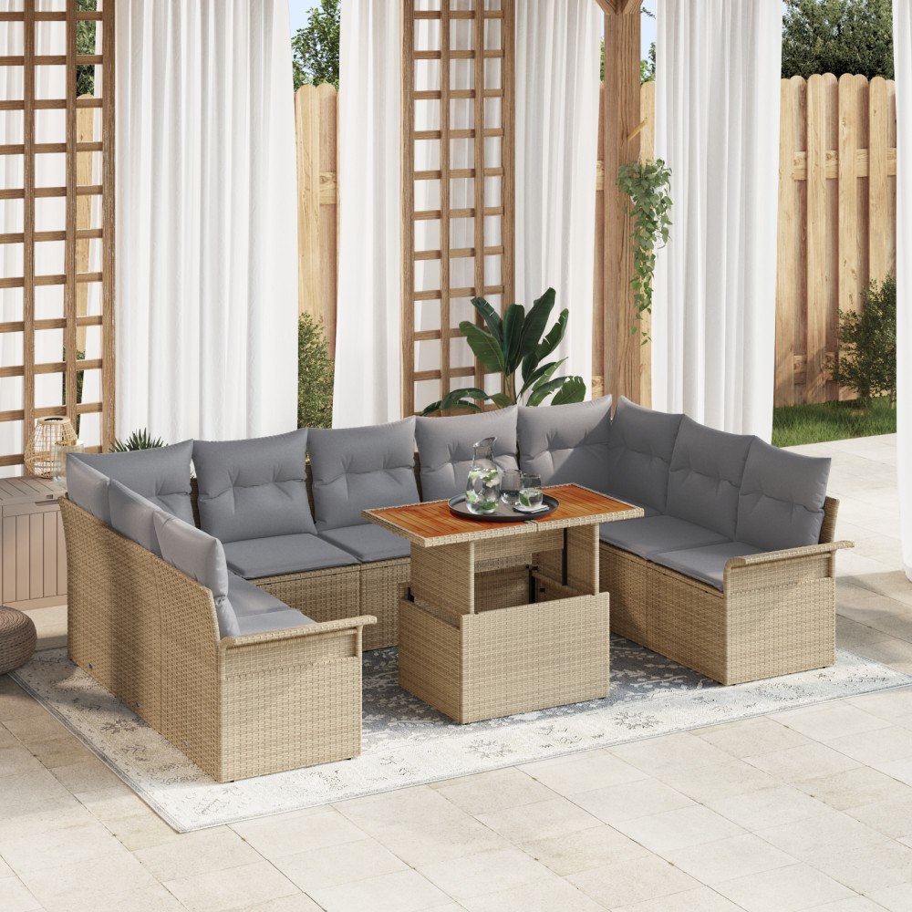 vidaXL Trädgårdsoffset med lagring 10 pcs Beige Poly rattan