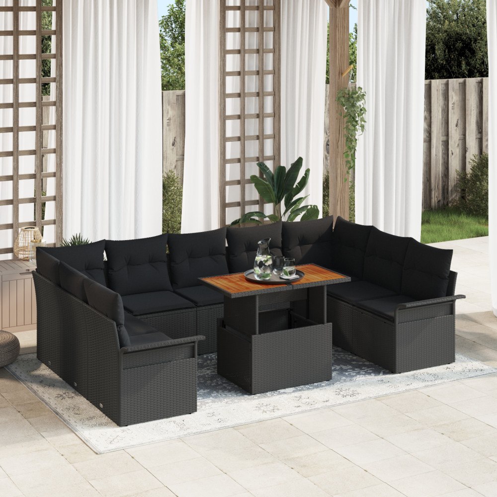 vidaXL Trädgårdsoffset med lagring 10 pcs Svart Poly rattan