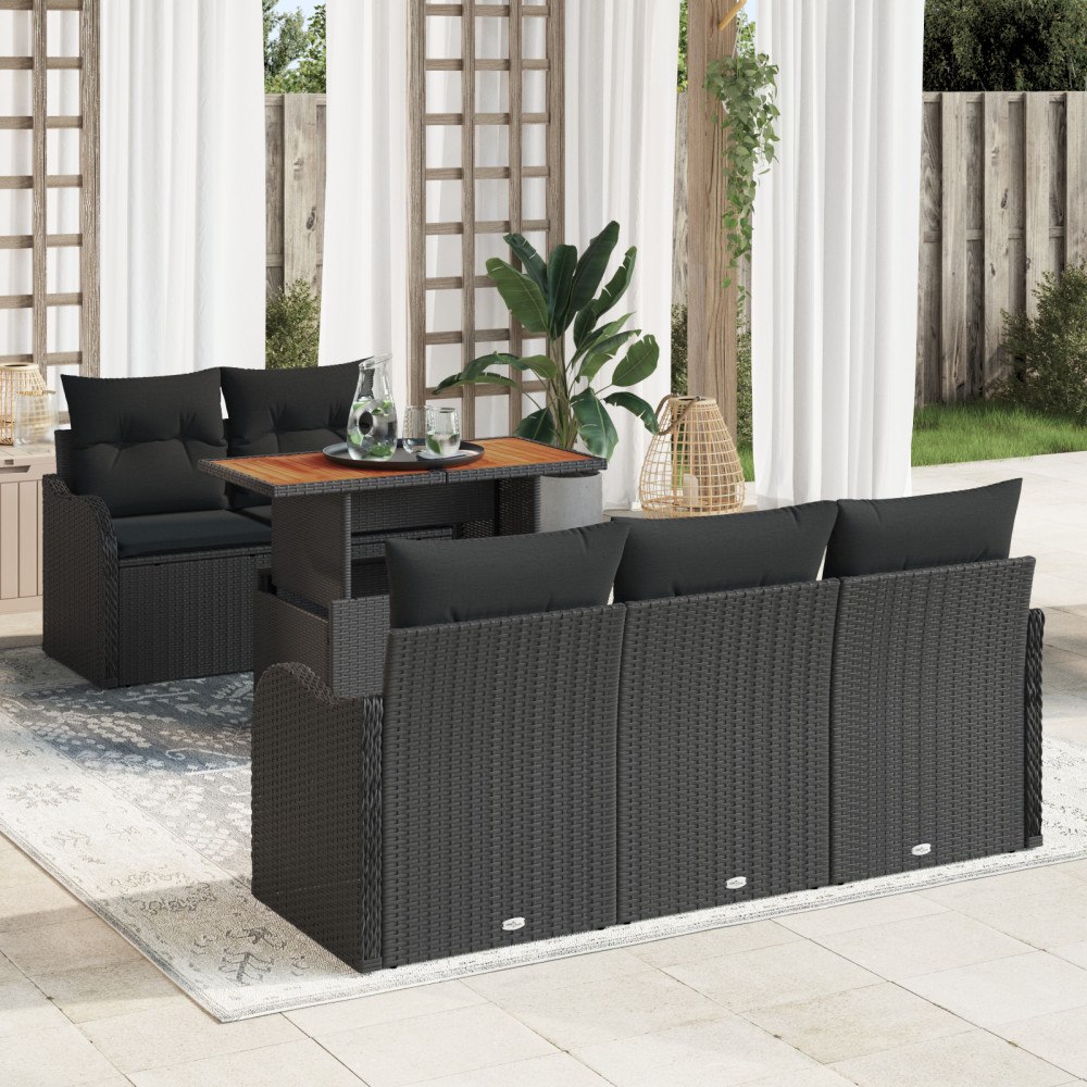vidaXL 6-delars trädgårdsoffset med kuddar svart poly rattan, vidaXL 2-sits trädgårdsoffa med förvaring och kuddar svart poly r...