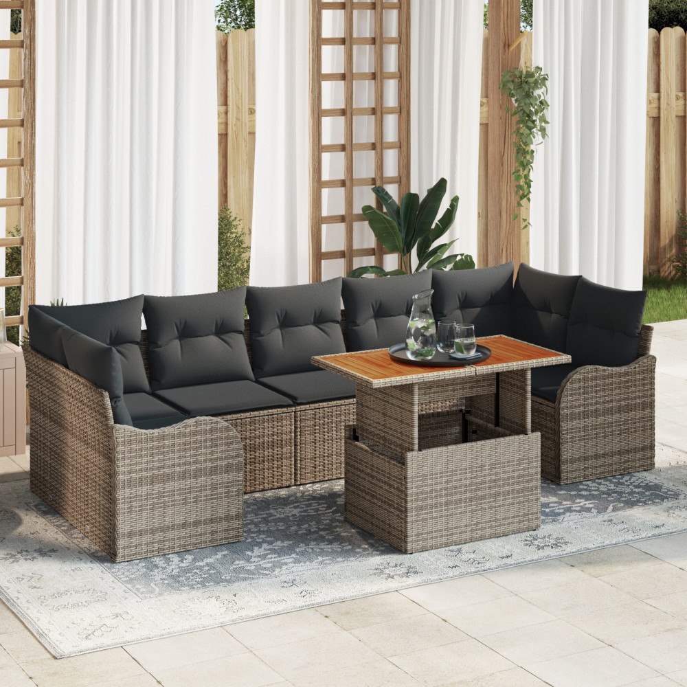 vidaXL Trädgårdsoffset med lagring 8 pcs Grå Poly rattan