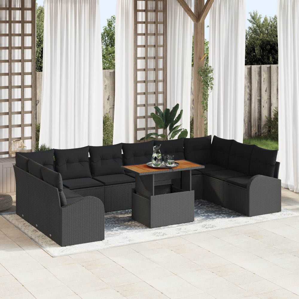 vidaXL Trädgårdsoffset med lagring 11 pcs Svart Poly rattan