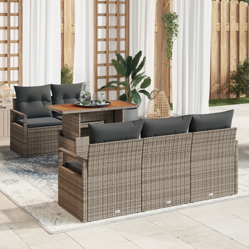 vidaXL 6-delat trädgårdsoffasett med kuddar grå poly rattan