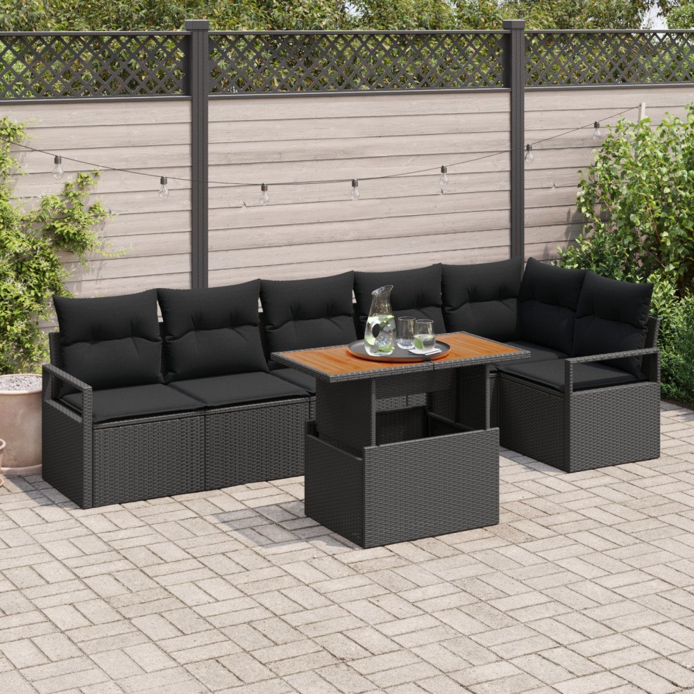 vidaXL 7-delars trädgårdsoffasett med kuddar svart poly rattan