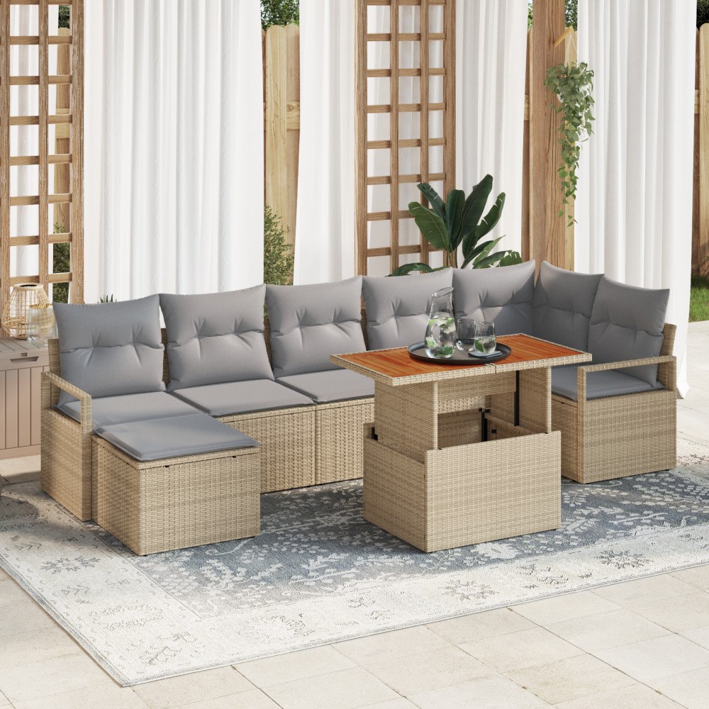 vidaXL 8-delad trädgårdsoffagrupp med kuddar Beige Poly Rattan, vidaXL 2-sits trädgårdsoffa med förvaring & kuddar Beige Poly R...