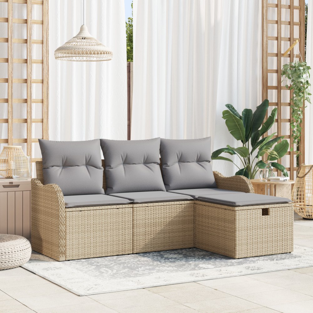 vidaXL 4-delars trädgårdsoffset med kuddar beige polyrotting, vidaXL 2-sits trädgårdsoffa med kuddar beige polyrotting