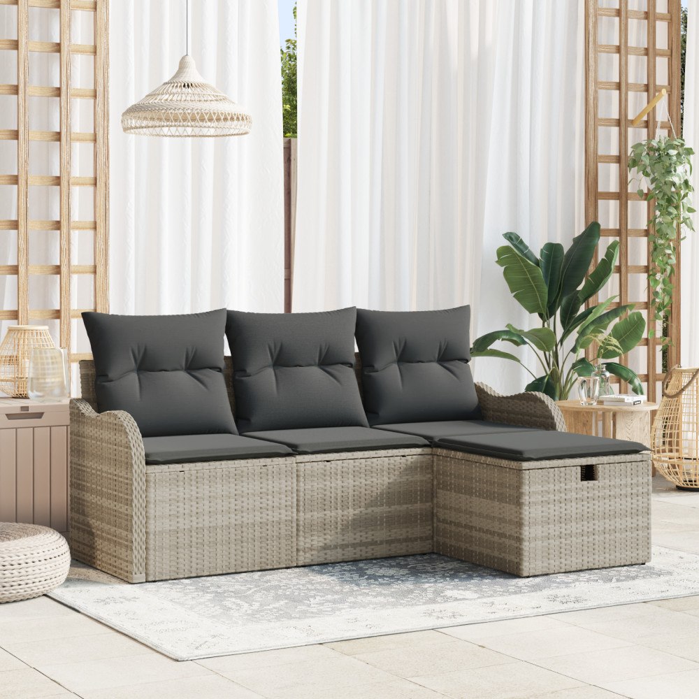 vidaXL 4-delat trädgårdsoffaset med kuddar Ljusgrå Poly Rattan, vidaXL 2-sits trädgårdsoffa med kuddar Ljusgrå Poly Rattan