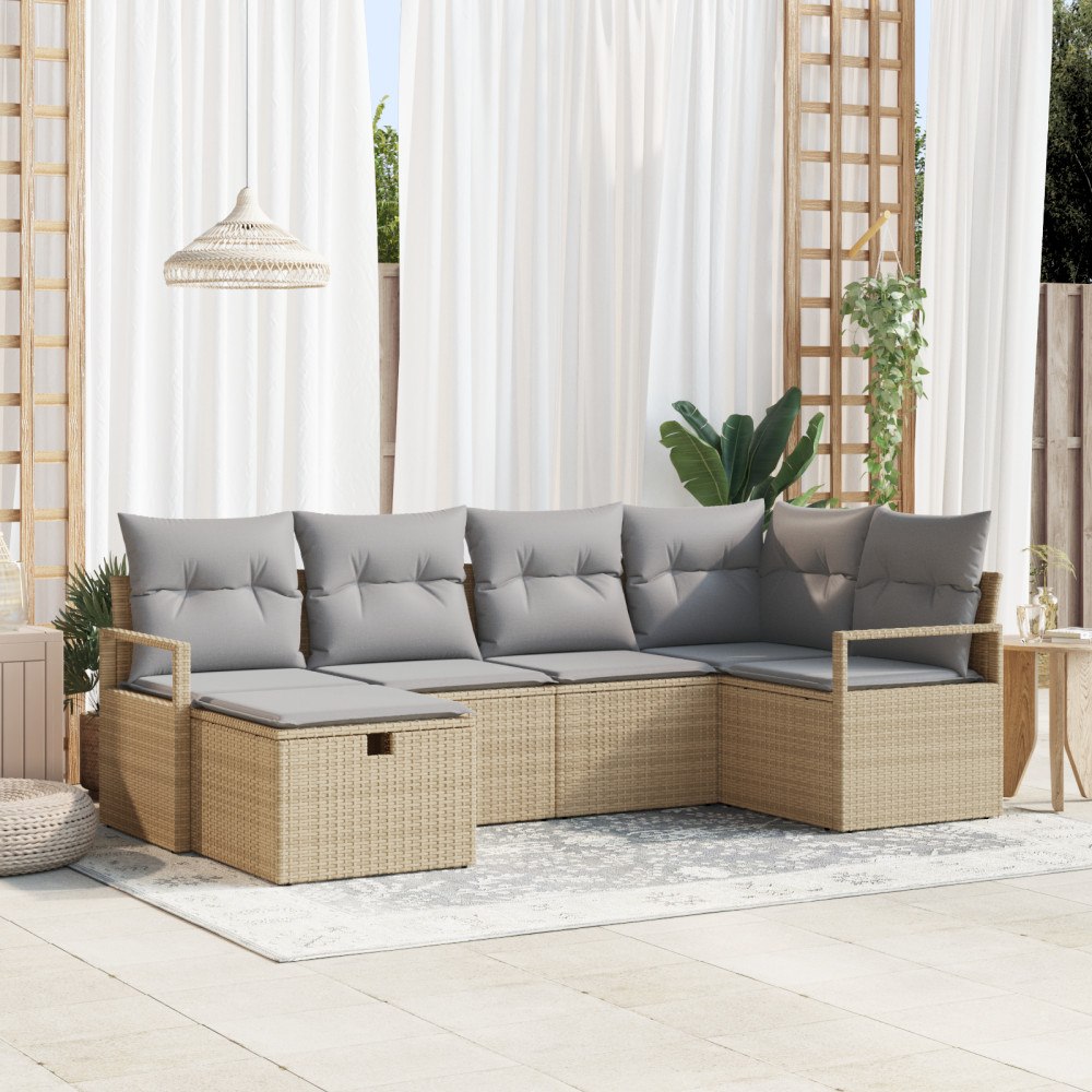 vidaXL 6-delars trädgårdsoffset med kuddar i beige polyrotting, vidaXL 2-sits trädgårdsoffa med kuddar i beige polyrotting