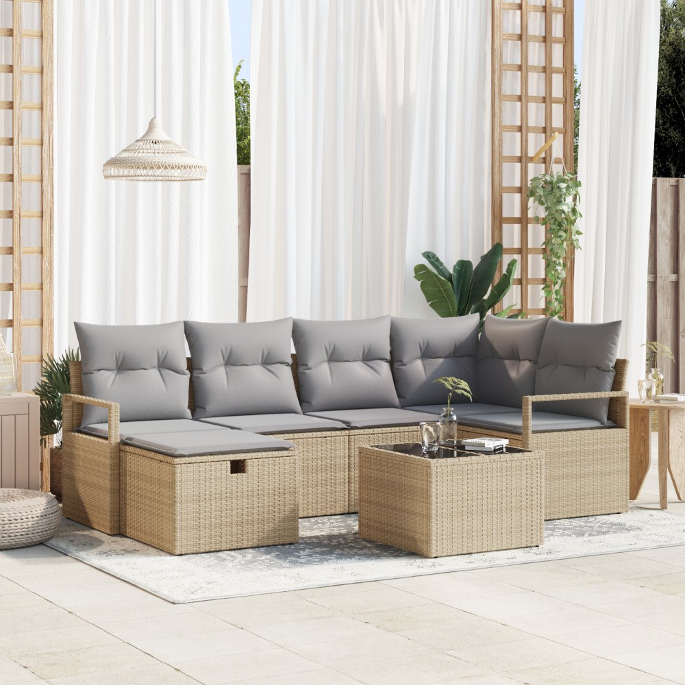 vidaXL 7 Delars Trädgårdsoffaset med Kuddar Beige Polyrotting
