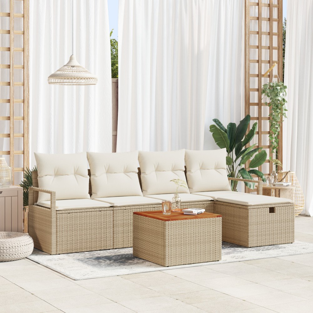 vidaXL 6-delars trädgårdssoffset med kuddar beige poly rattan