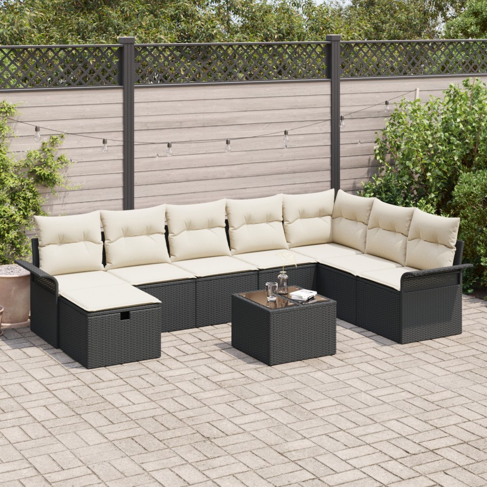 vidaXL Trädgårdsoffset med kudde med lagring 9 pcs Svart Poly rattan