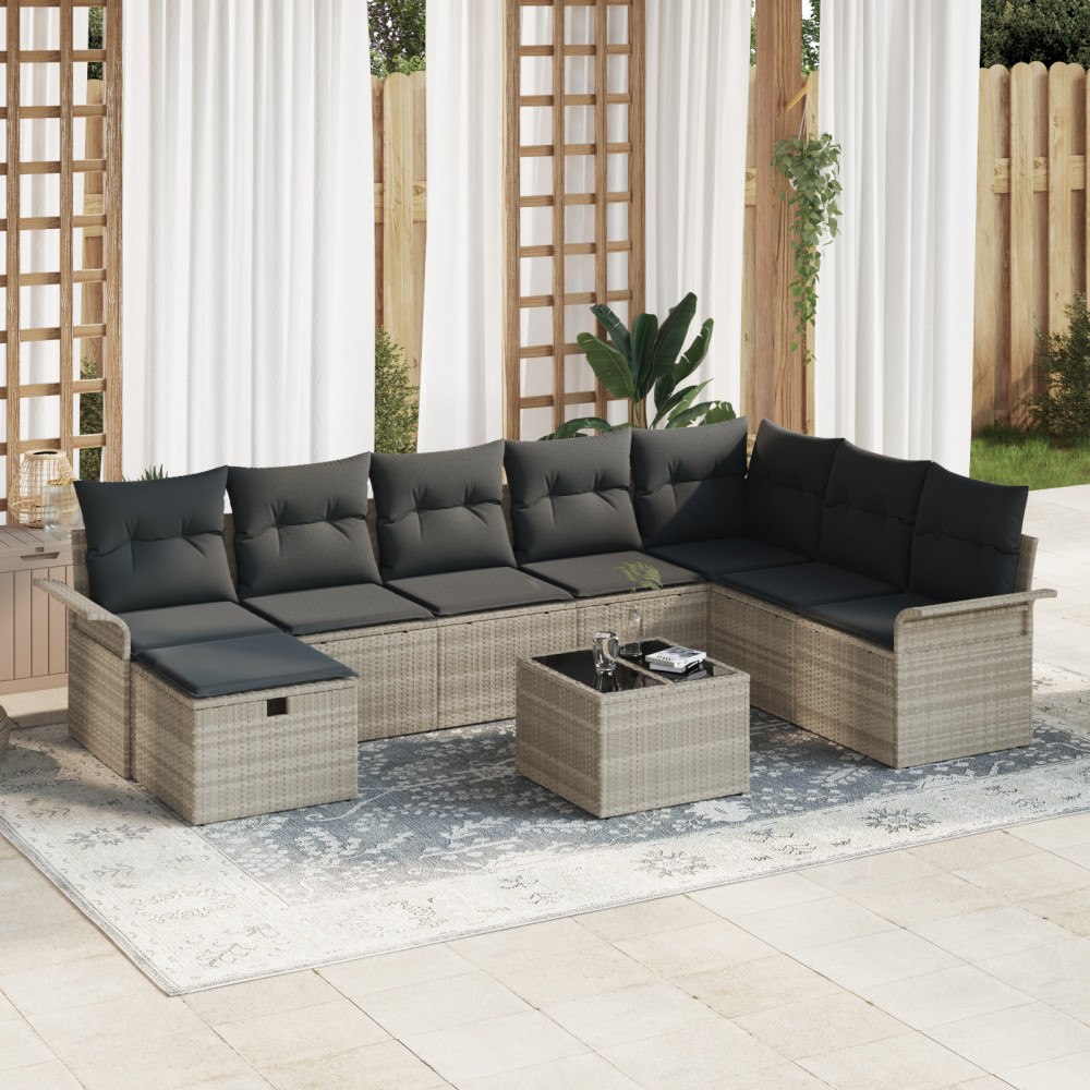 vidaXL Trädgårdsoffset med kudde med lagring 9 pcs Ljusgrå Poly rattan