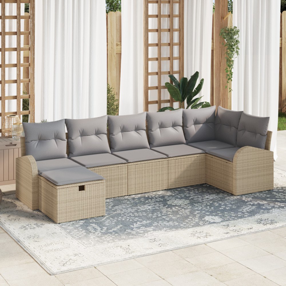 vidaXL 7-delat Trädgårdsoffa Set med Kuddar Beige Poly Rattan