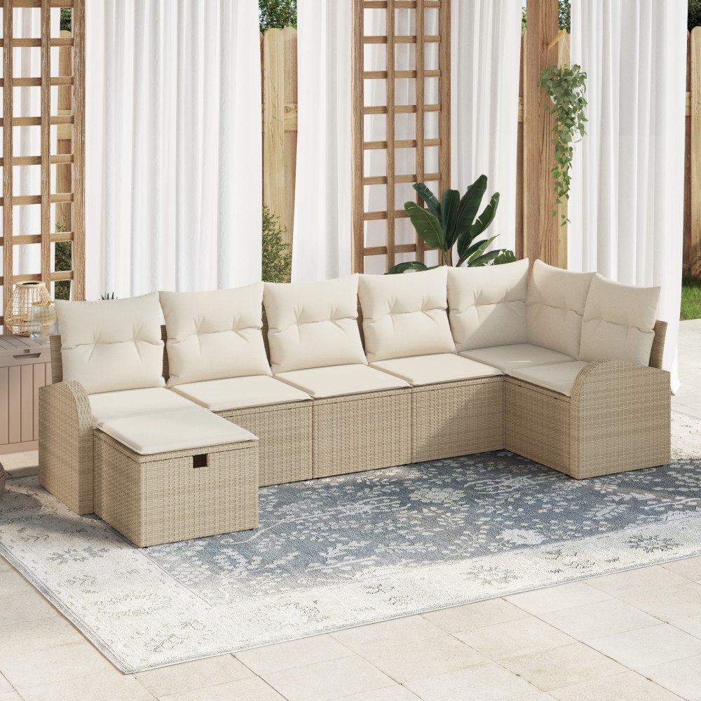 vidaXL 7-delars trädgårdsoffasett med kuddar i beige poly rattan