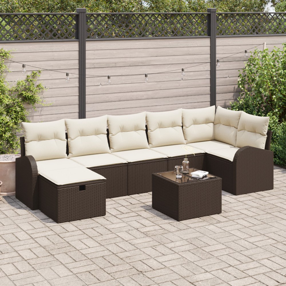 vidaXL 8-delad Trädgårdsoffa set med Kuddar Brun Poly Rattan, vidaXL 2-sits Trädgårdsoffa med Förvaring & Kuddar Brun Poly Ratt...