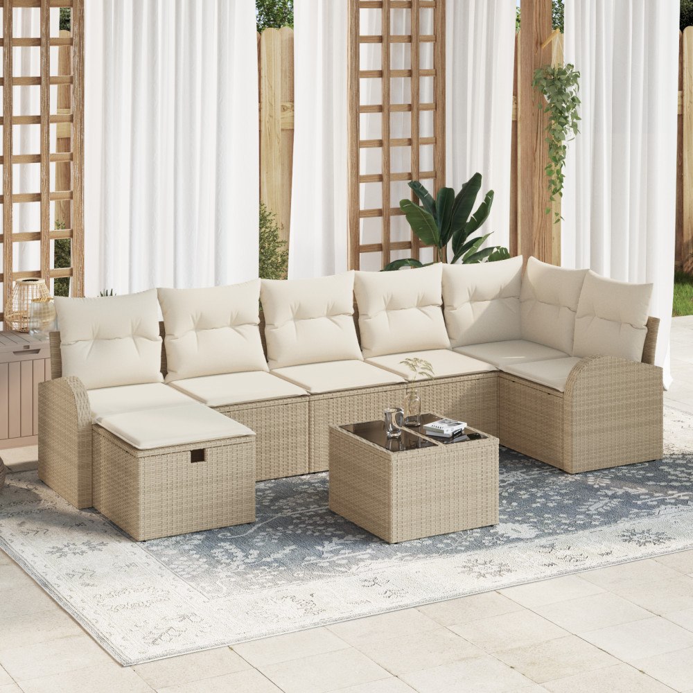 vidaXL 8-delar Trädgårdssoffa med kuddar Beige Poly Rattan