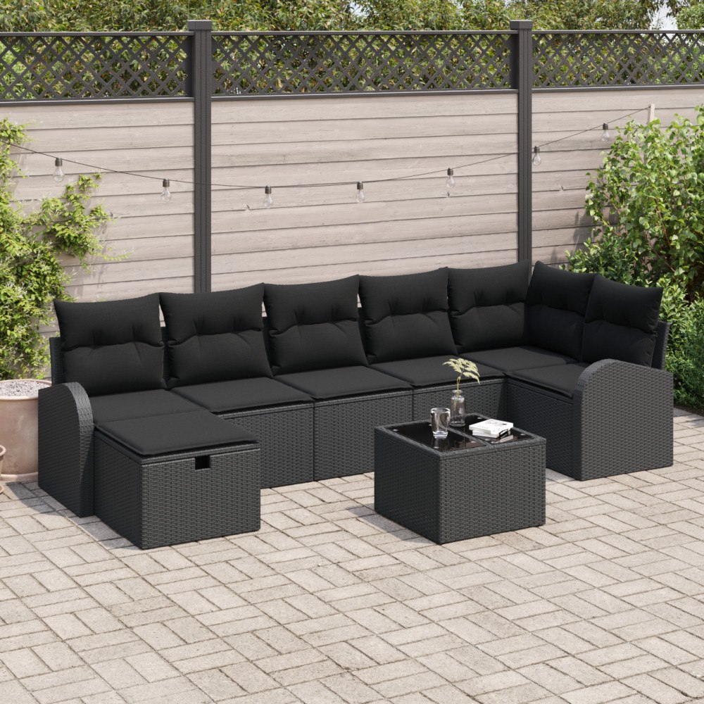 vidaXL 8-delad trädgårdsoffaset med dynor i svart konstrotting, vidaXL 2-sits trädgårdsofa med förvaring och dynor i svart kons...