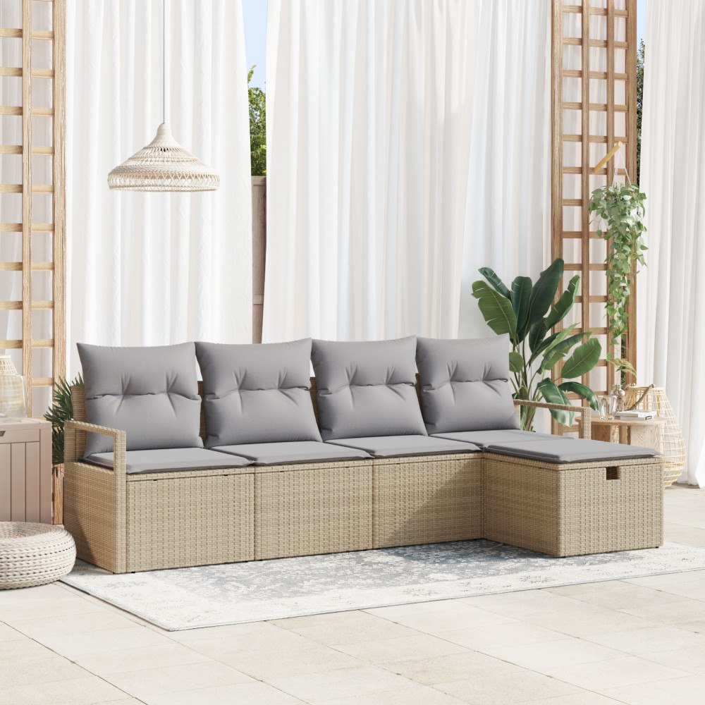 vidaXL 5-delad trädgårdsoff-set med kuddar beige konstrotting, vidaXL 2-sits trädgårdsoffa med förvaring och kuddar beige konst...