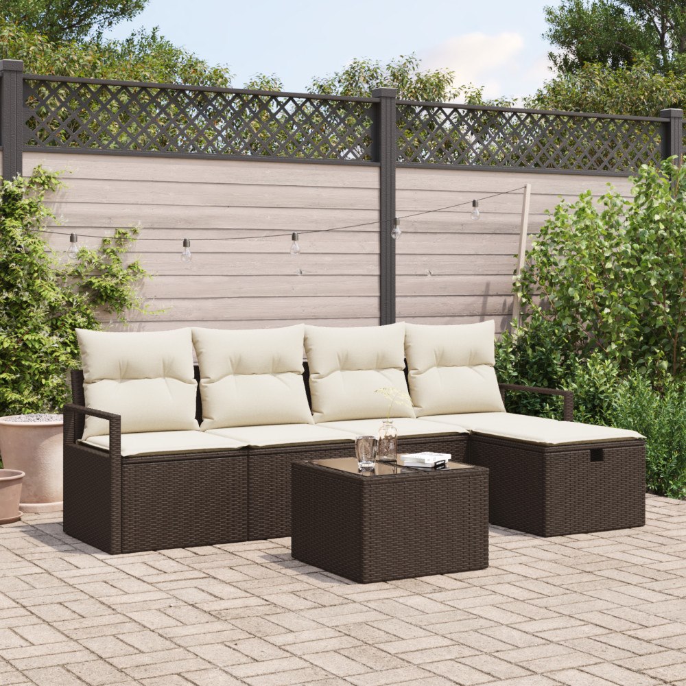 vidaXL 6-delad trädgårdsoffa med kuddar Brun Poly Rattan, vidaXL 2-sits trädgårdsoffa med förvaring & kuddar Brun Poly Rattan