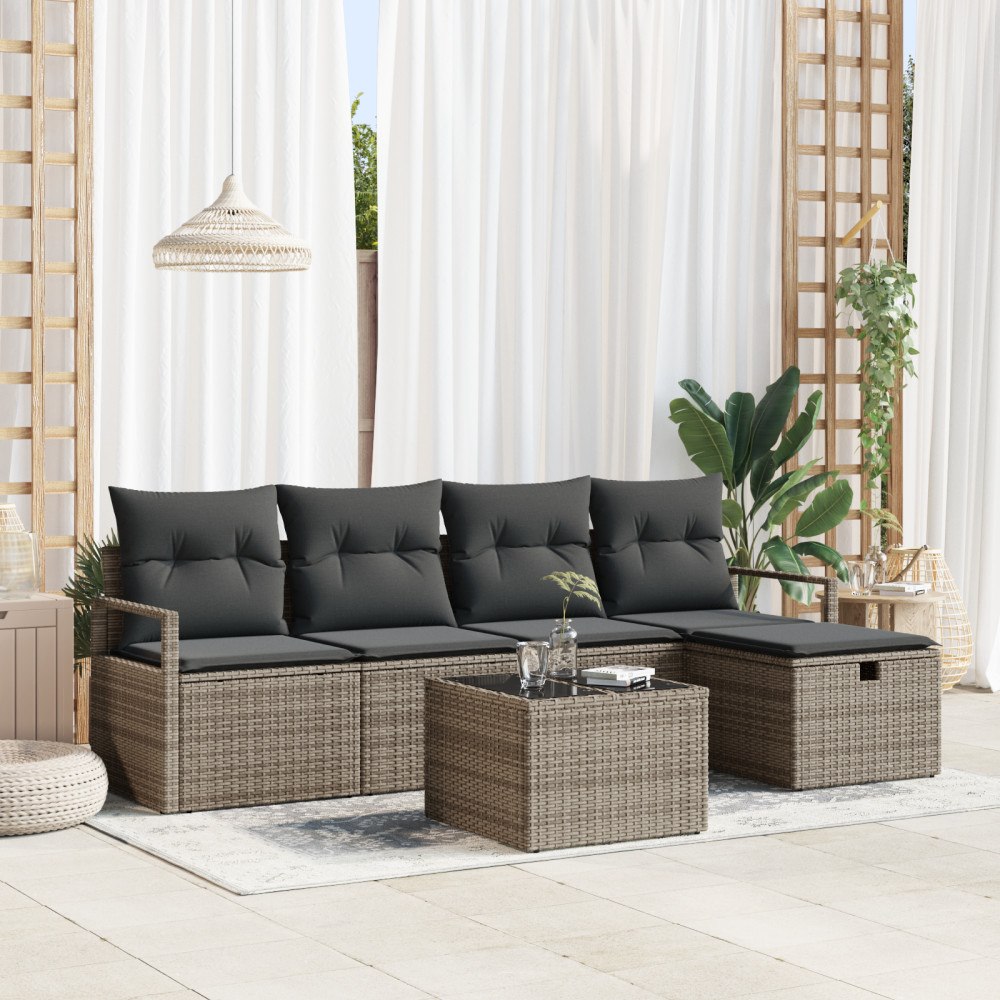 vidaXL 6-delad trädgårdsoffset med kuddar grå poly rattan, vidaXL 2-sits trädgårdsoffa med förvaring och kuddar grå poly rattan