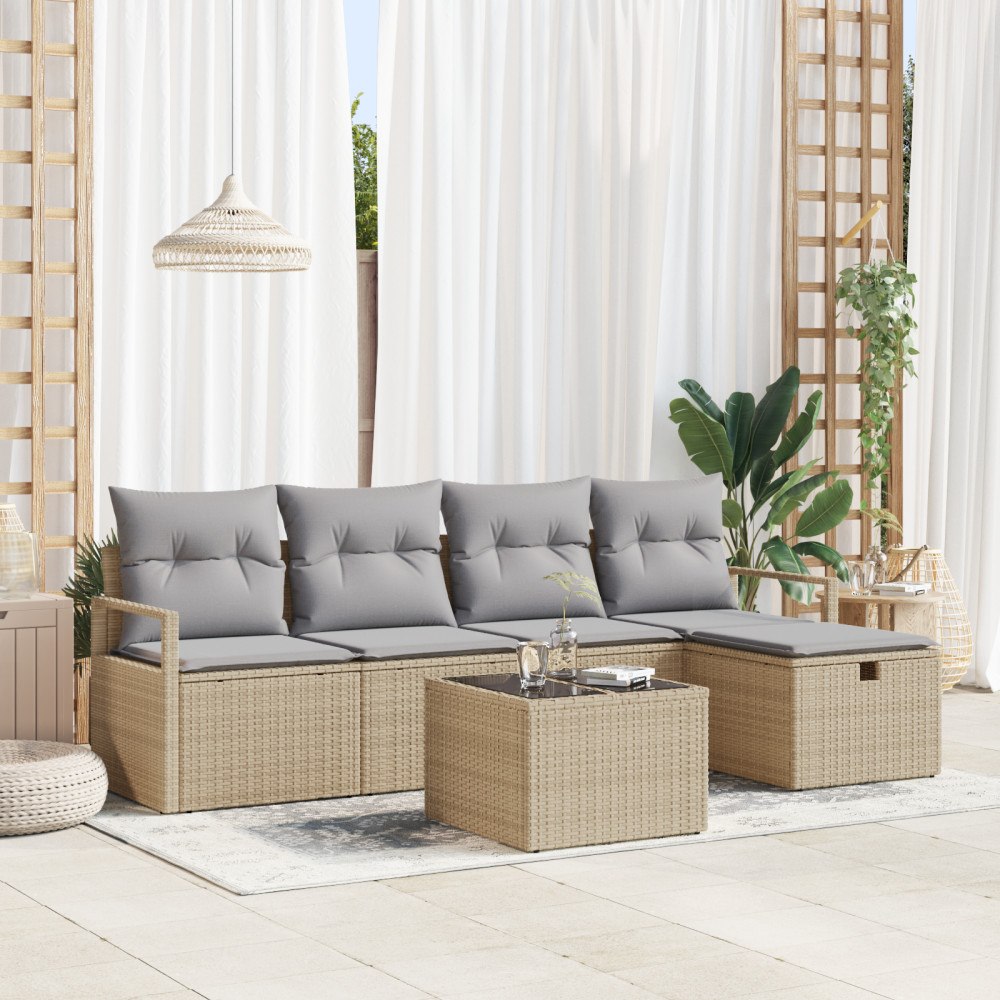 vidaXL 6-delars trädgårdsoffset med kuddar Beige poly rotting