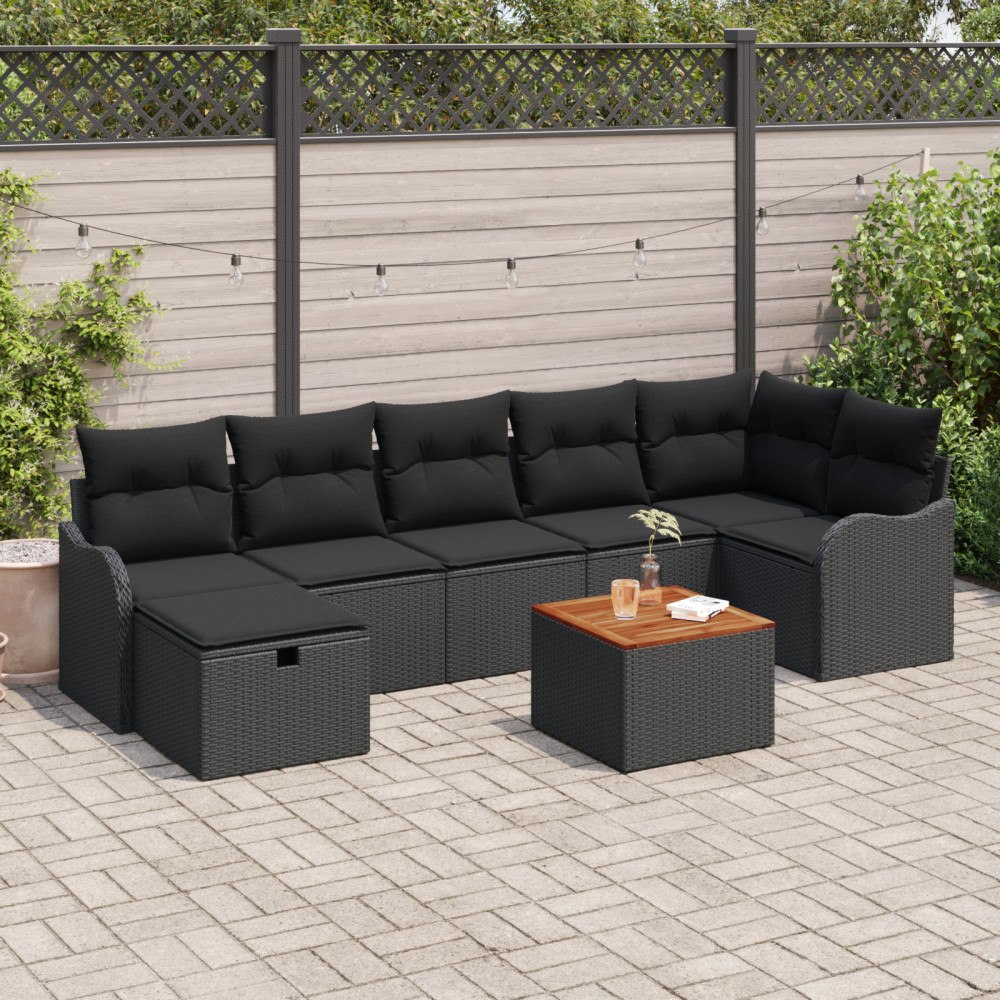 vidaXL 8-delat trädgårdssoffset med kuddar svart poly rattan, vidaXL 2-sits trädgårdssoffa med förvaring & kuddar svart poly ra...