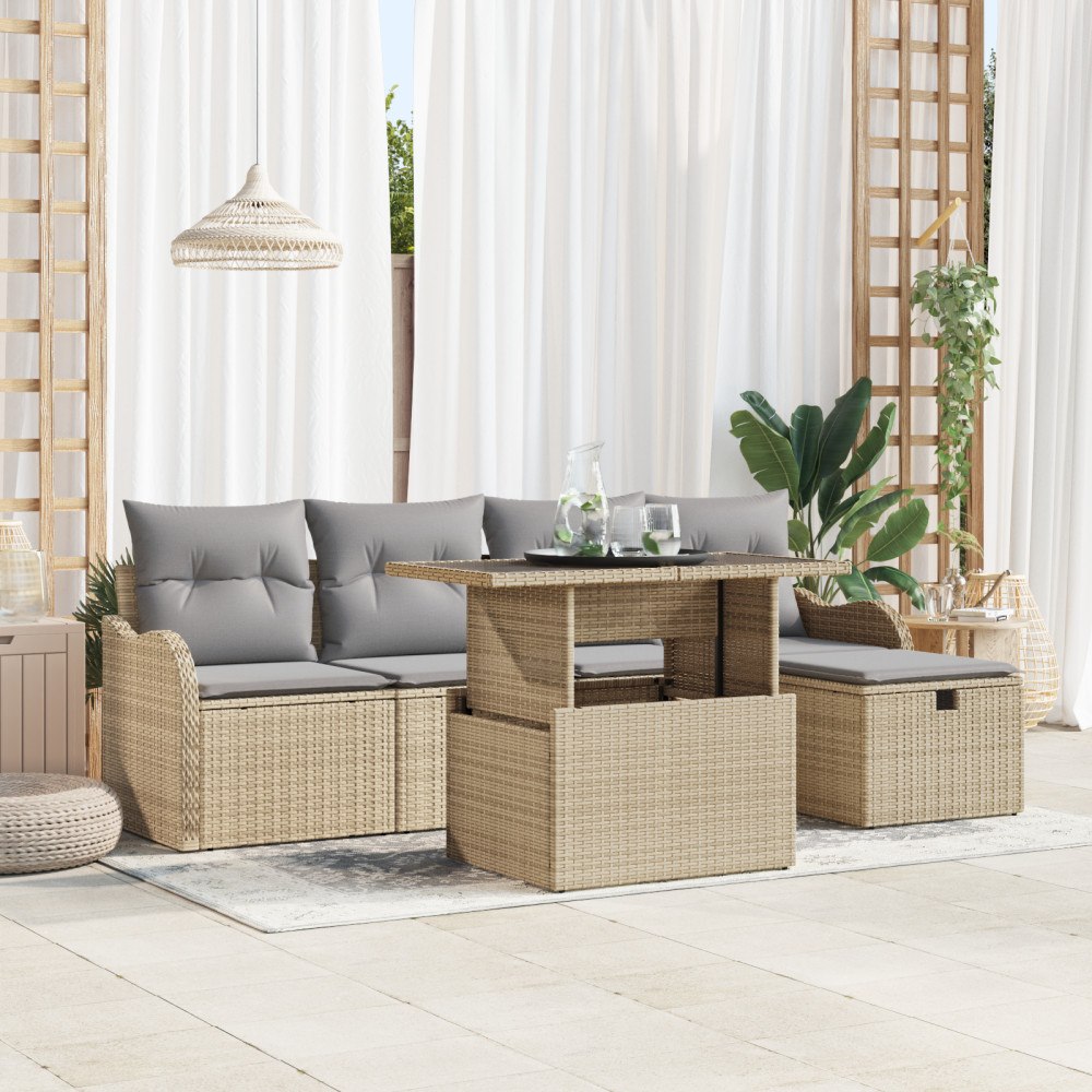 vidaXL 6 Delars Trädgårdsoffaset med Kuddar Beige Poly Rattan, vidaXL 2-Sits Trädgårdsoffa med Förvaring & Kuddar Beige Poly Ra...