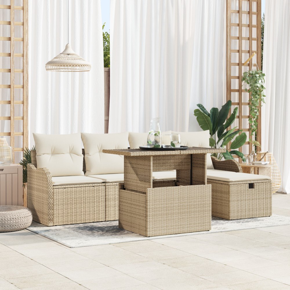 vidaXL 6-delat Trädgårdsoffaset med Kuddar Beige Poly Rattan