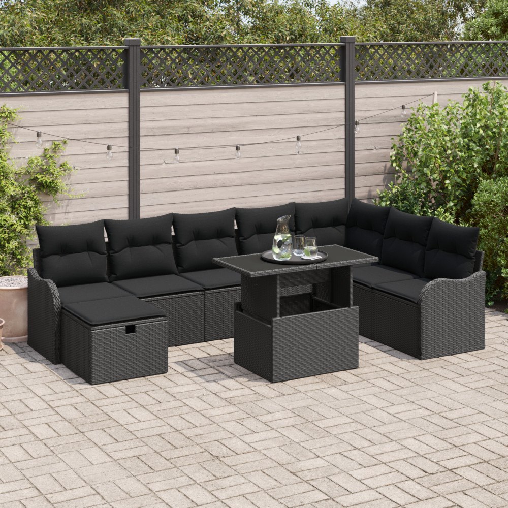 vidaXL 9 Delar Trädgårdsoffa Set med Kuddar Svart Poly Rattan, vidaXL 2-sits Trädgårdsoffa med Förvaring & Kuddar Svart Poly Ra...