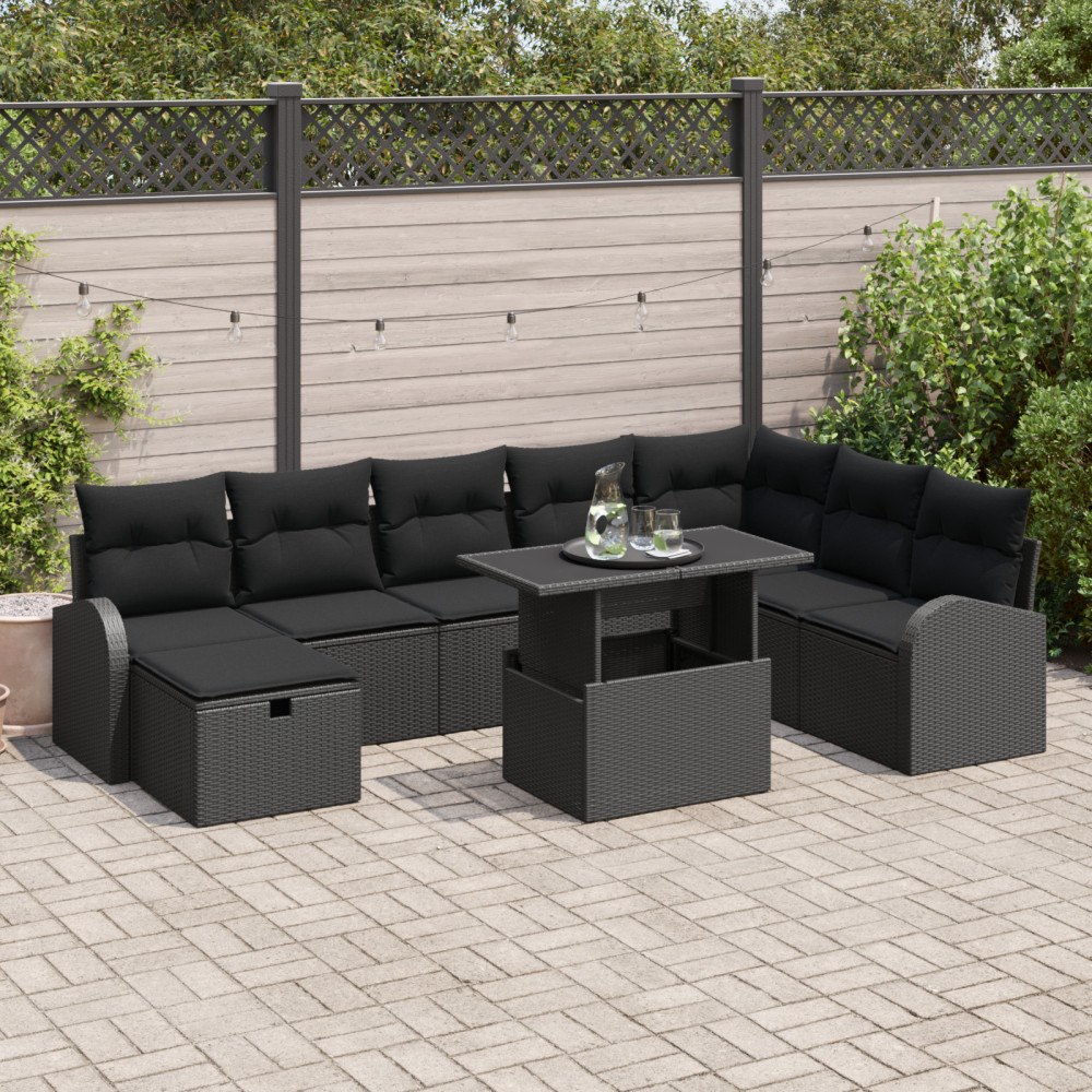 vidaXL 9-delars Trädgårdsoffaset med Kuddar Svart Poly Rattan, vidaXL 2-sits Trädgårdsoffa med Förvaring & Kuddar Svart Poly Ra...
