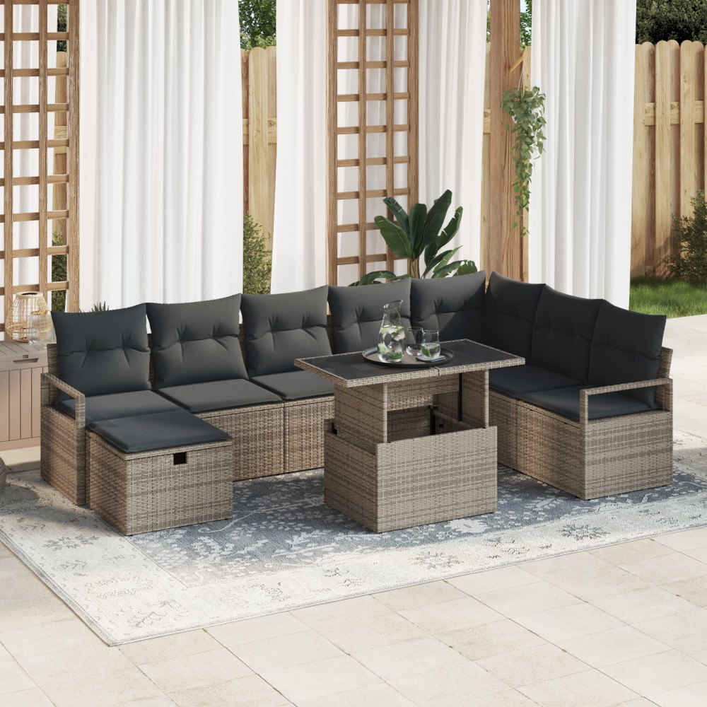 vidaXL Trädgårdsoffset med kudde med lagring 9 pcs Grå Poly rattan