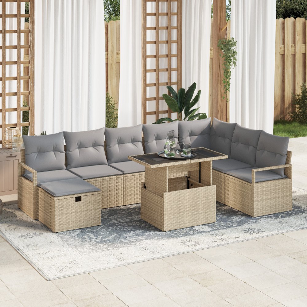 vidaXL 9-delat trädgårdsofa-set med kuddar Beige Poly Rattan, vidaXL 2-sits trädgårdsoffa med förvaring & kuddar Beige Poly Rat...