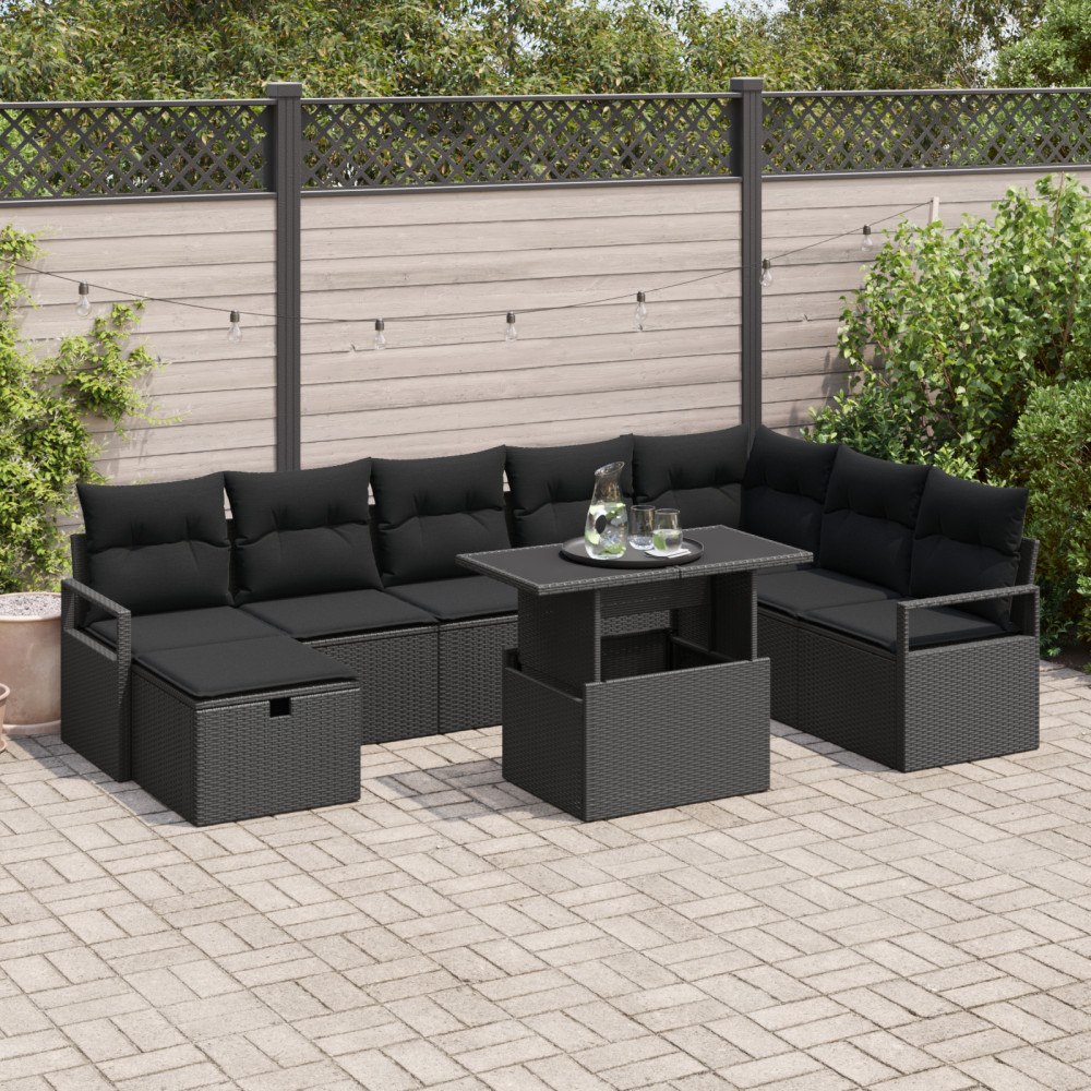 vidaXL 9-delat trädgårdsoffset med kuddar Svart poly rattan, vidaXL 2-sits trädgårdsoffa med förvaring & kuddar Svart poly ratt...