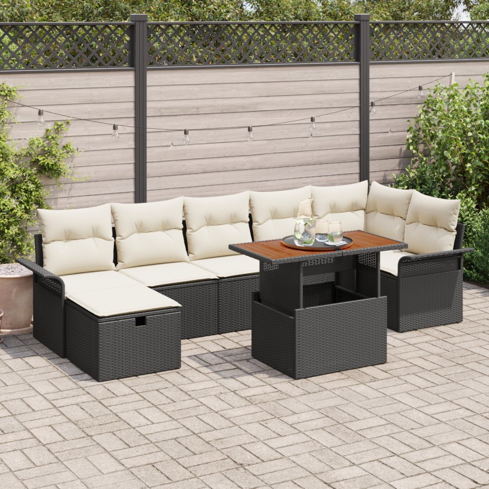 vidaXL 8-delad trädgårdsoffset med kuddar Svart Poly Rattan, vidaXL 2-sits trädgårdsoffa med förvaring och kuddar Svart Poly Ra...
