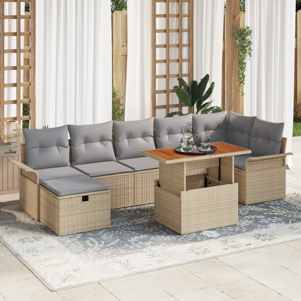 vidaXL 8-delad trädgårdsoffset med kuddar beige poly rattan, vidaXL 2-sits trädgårdsoffa med förvaring och kuddar beige poly ra...