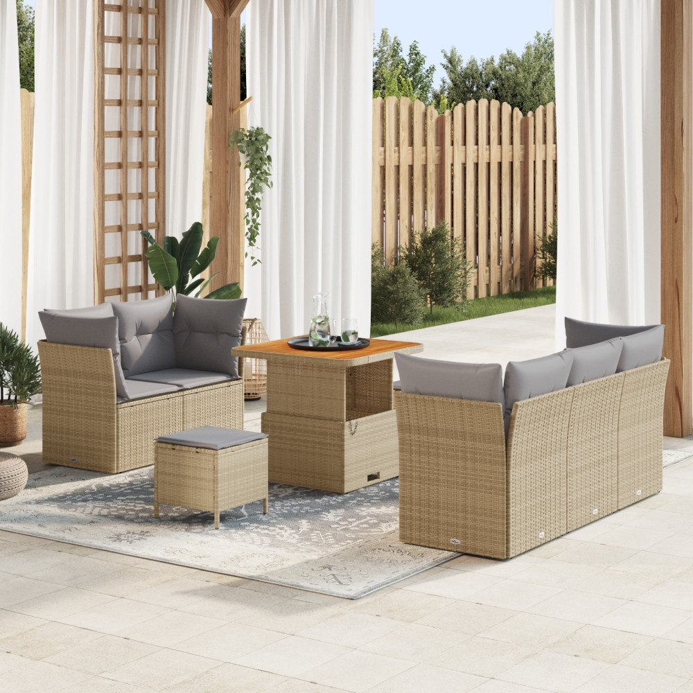vidaXL 8-delat trädgårdsoff set med kuddar Beige Poly Rattan Akacia, vidaXL 3-delat trädgårdsdining set med kuddar Beige Poly R...