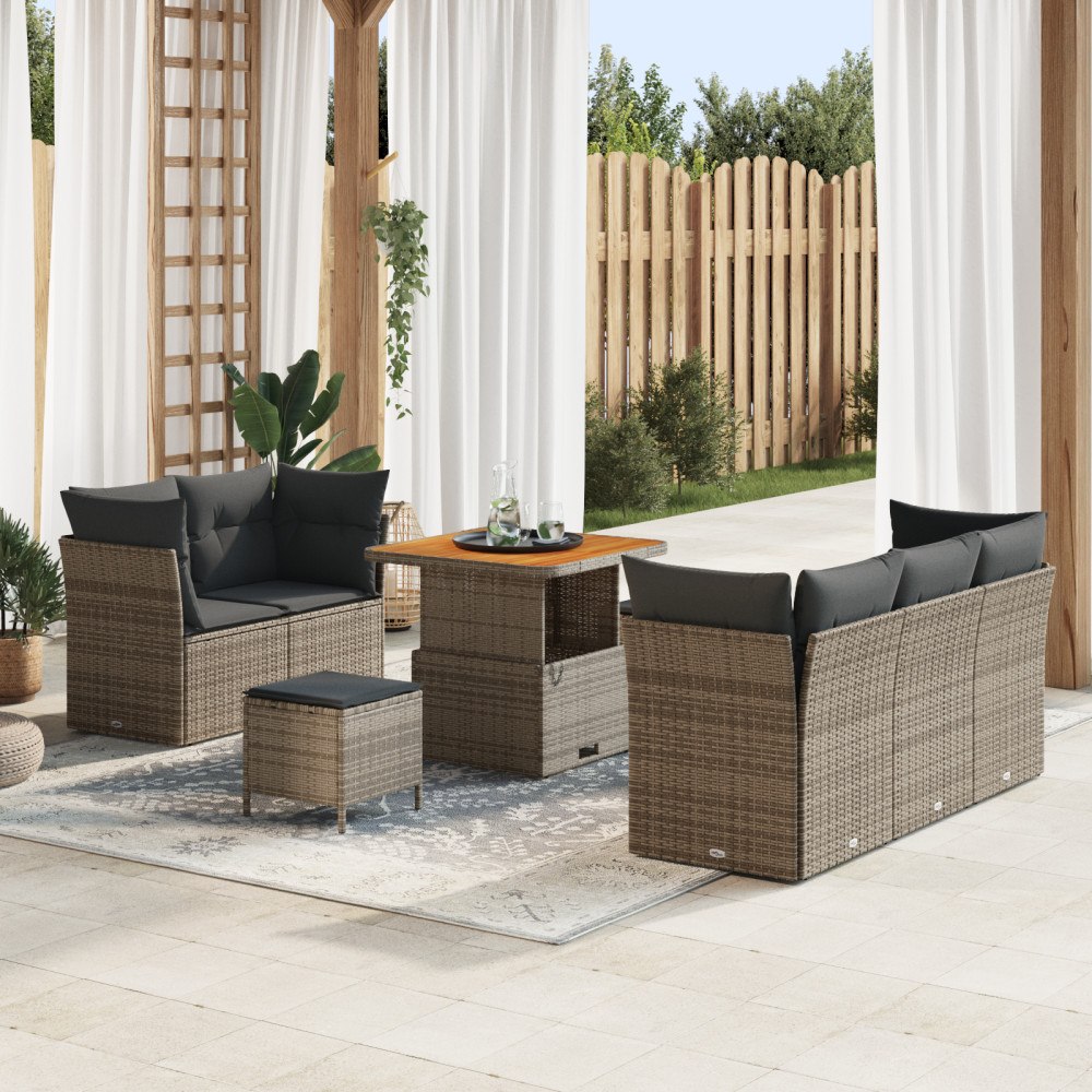 vidaXL 8-delad trädgårdsoffasett med kuddar grå poly rattan akacia, vidaXL 3-delad trädgårdsdiningset med kuddar grå poly ratta...