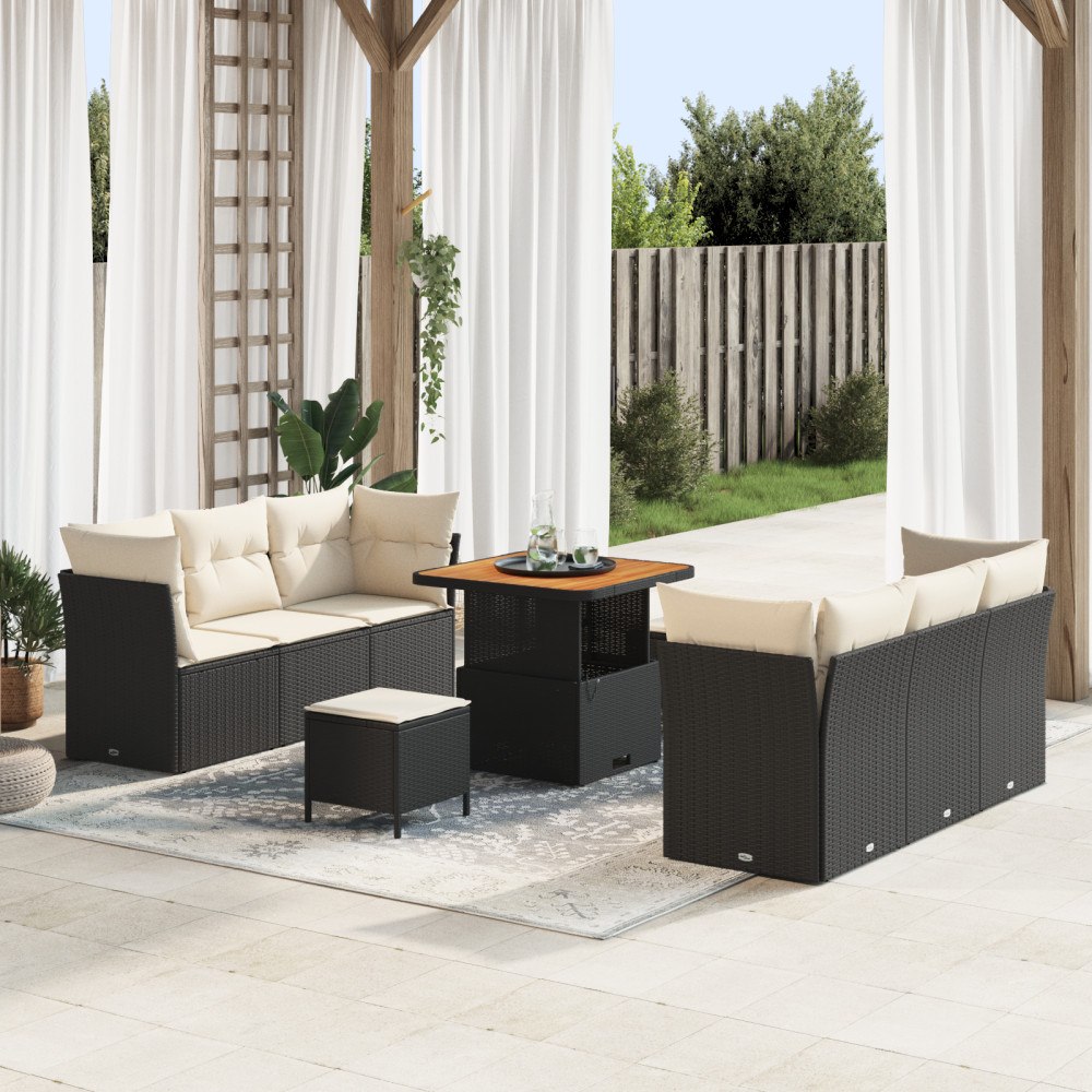 vidaXL 9-delars trädgårdsoffset med dynor svart poly rattan akacia, vidaXL 3-delars trädgårdsdining set med dynor svart poly ra...