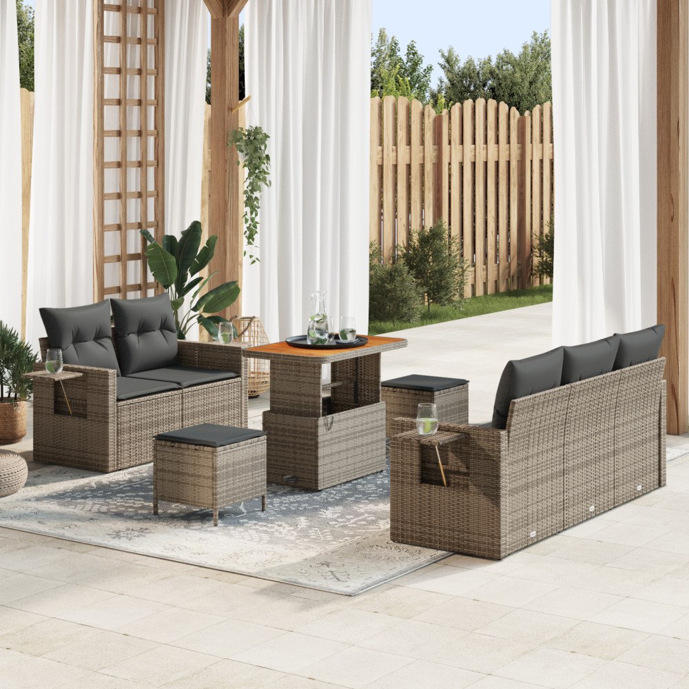 vidaXL 8-delars Trädgårdsoffset med Kuddar Grå Poly Rattan Akacia, vidaXL 3-delars Trädgårdsdinning Set med Kuddar Grå Poly Rat...