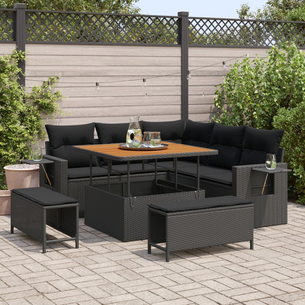 vidaXL 8-delars trädgårdsoffset med kuddar svart poly rattan akacia, vidaXL 3-delars trädgårdsdining-set med kuddar svart poly...