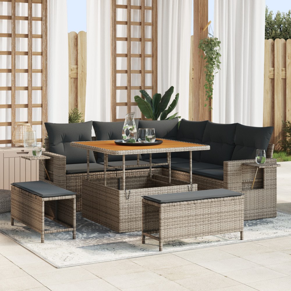 vidaXL 8-delars Trädgårdsoffset med kuddar Grå Poly Rattan Akacia, vidaXL 3-delars Trädgårdsmatset med kuddar Grå Poly Rattan A...