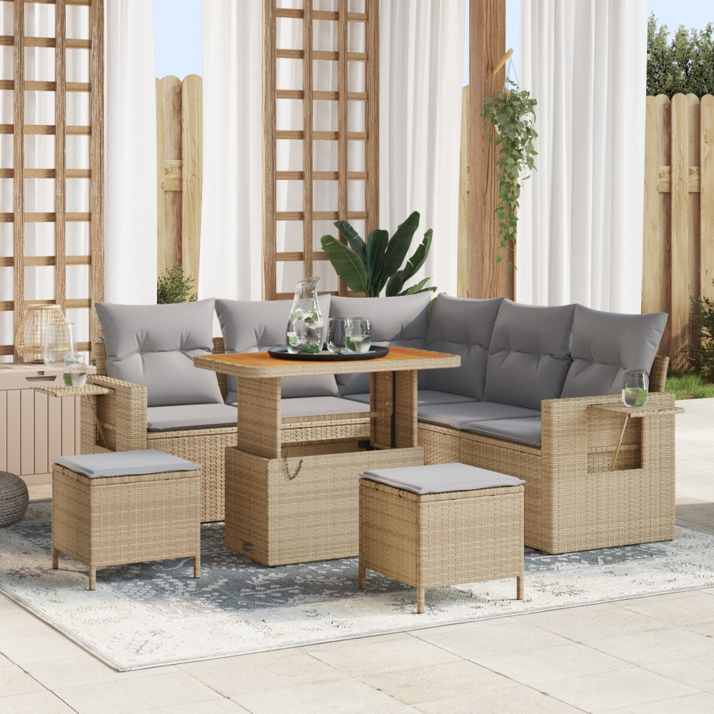 vidaXL 8-delat trädgårdssoffor med kuddar Beige Poly Rattan Akacia, vidaXL 3-delat trädgårds matbordset med kuddar Beige Poly R...