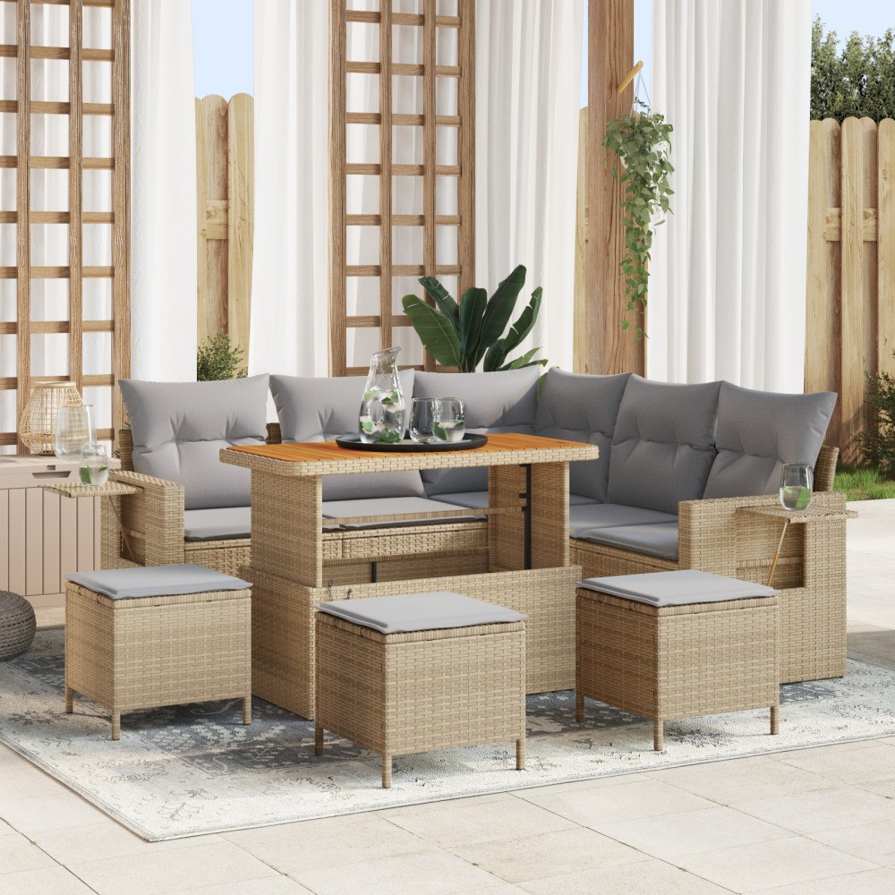 vidaXL 9-delad trädgårdsoffset med kuddar i beige poly rotting och akacia, vidaXL 4-delad trädgårdsmatsätt med kuddar i beige p...